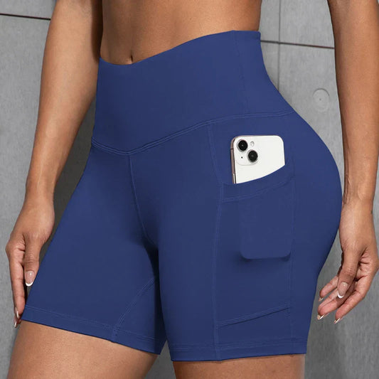 Solid Color Women Shorts with Pockets Butt Lifting Workout Cycling Tights Outdoor Jogging Shorts Fashion Streetwear