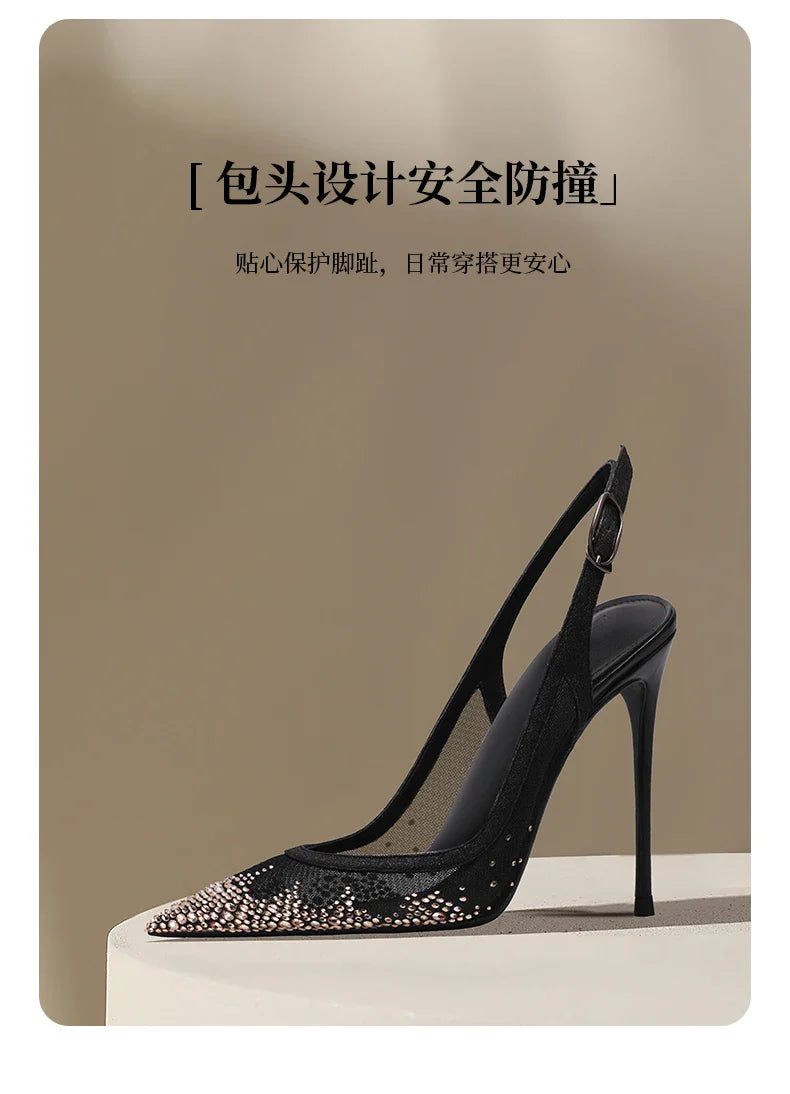 New summer black mesh rhinestone high heels for women, slim heels, shallow toe, sexy sandals with a single buckle strap