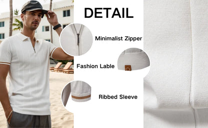 Men's Solid Color Sport Zipper Polo Shirt Athletic Social Polo Shirts for Men Office Slim Fit Polo