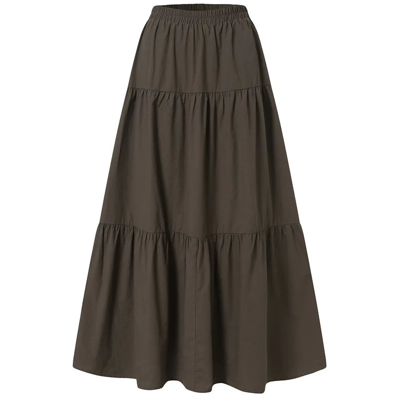 2025 Spring Summer Solid Skirts Vintage Women's Ruffle Sundress Casual Elastic Waist Long Vestidos Female Robe Femme Oversized