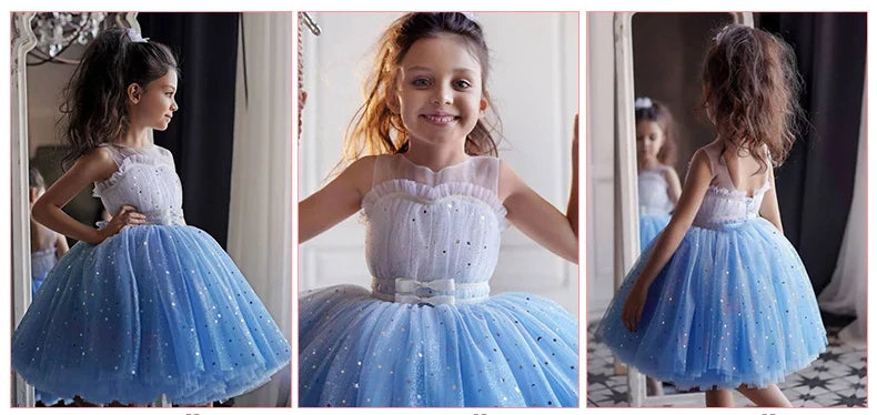 New Baby Kids Girls Elegant Printed Butterfly Flower Princess Party Tutu Dresses Children Sequins Wedding Evening Girl Clothes