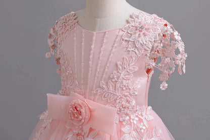 Lace up Tulle Flower Girl Dress Chest with flowers First Communion Ball Gown Wedding Party Bridesmaid Dress Kids 12Y