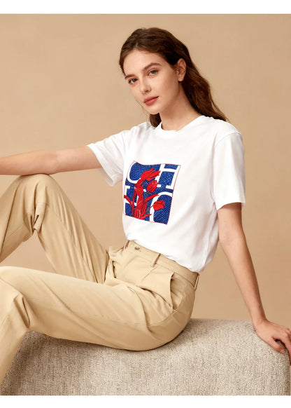 Women's T Shirts Short Sleeve O Neck Casual Flower Design Cotton Female Tops Women Tee Tops