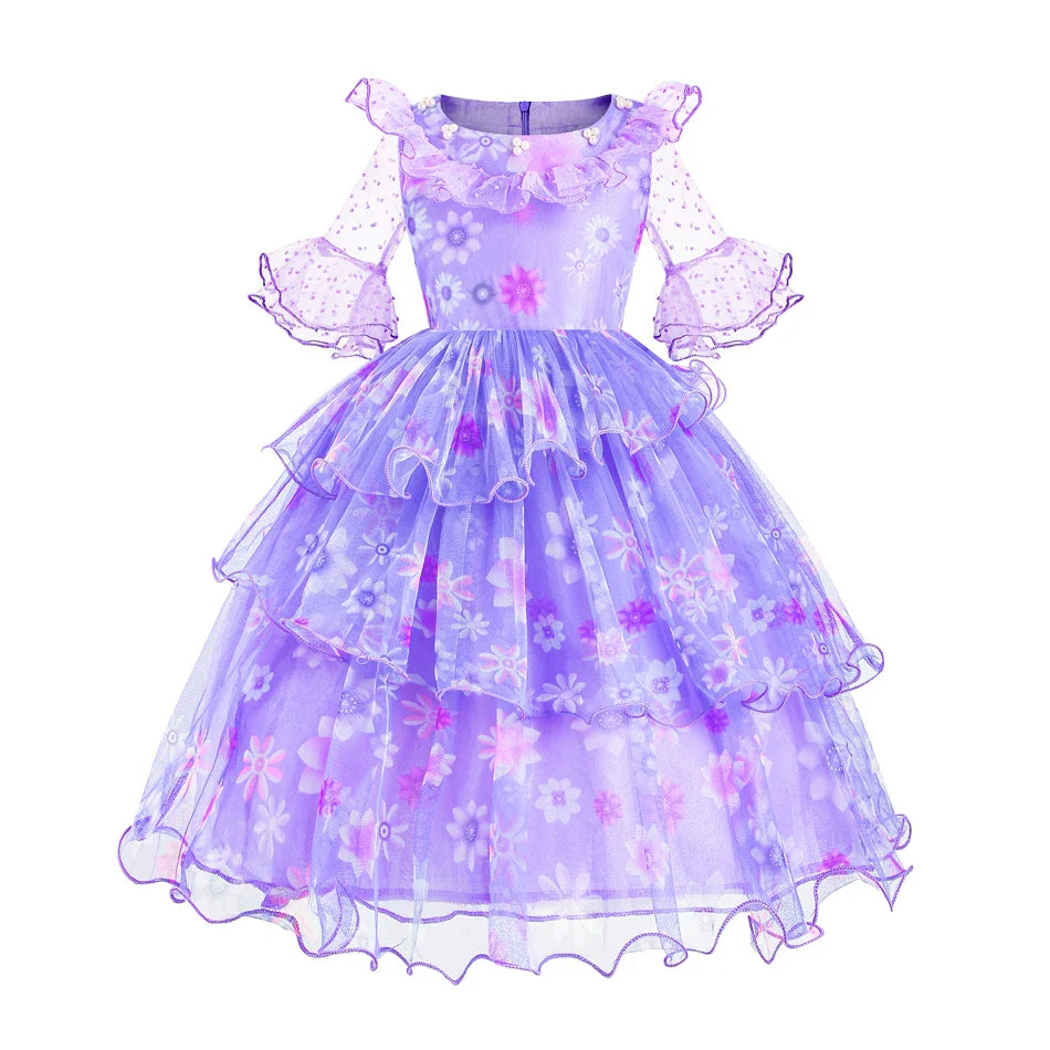 Encanto Isabela Costume Dress For Kids Girl Flare Sleeve Princess Dress Fiower Gown Halloween Christmas Birthday Party Outfits