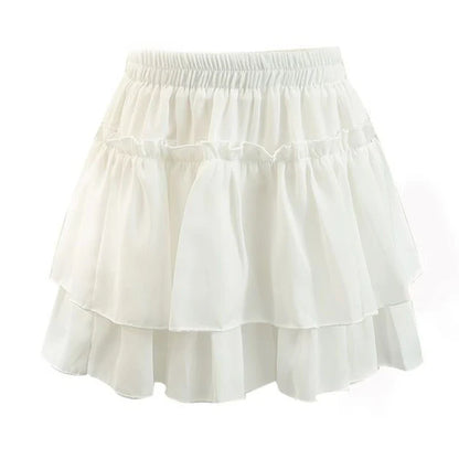 Pleated A-Line Skirt Women White Ruffle Sweet Tierred Pretty Style Skirt Elastic Waist Summer Slim Basic Korean Harajuku Dress