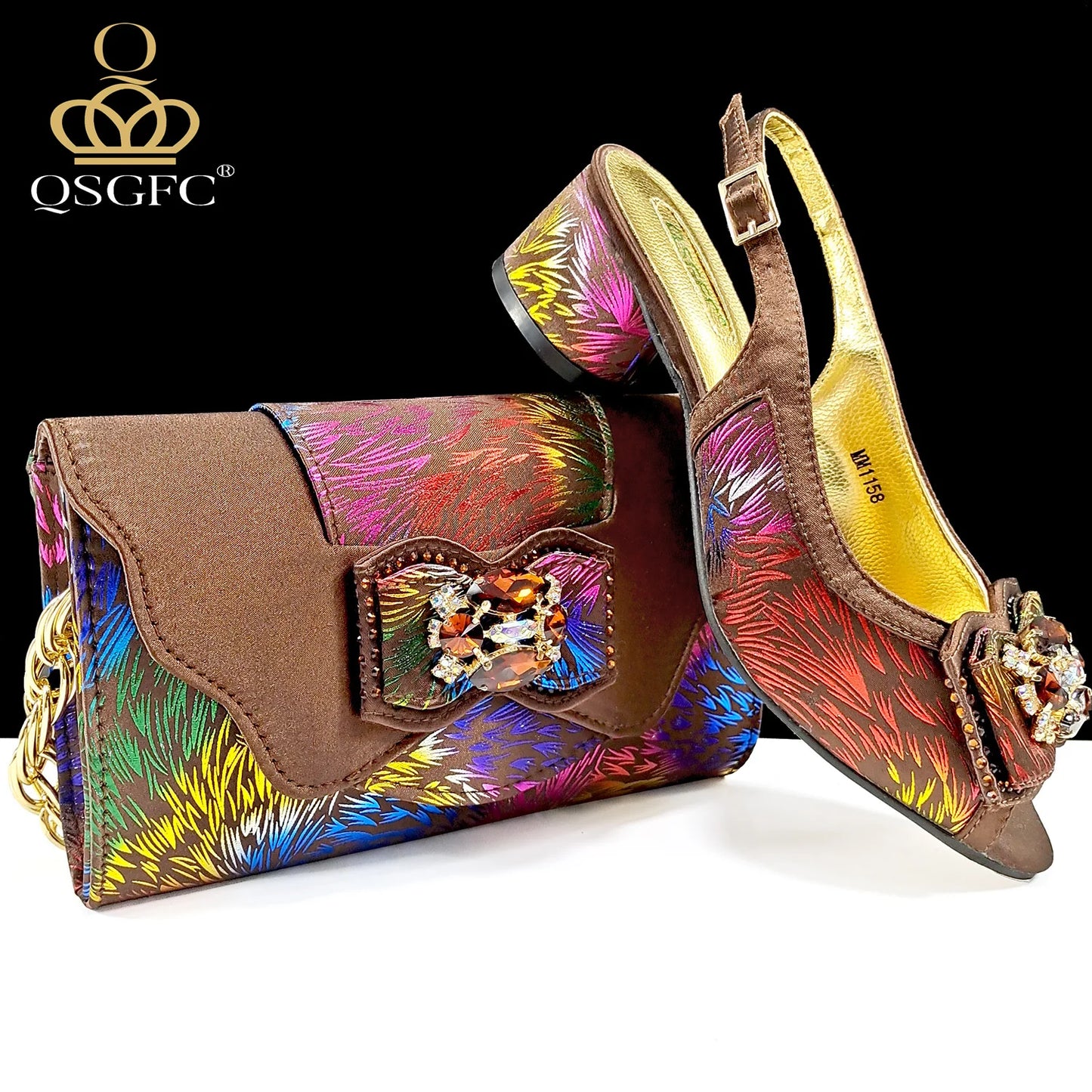 Italian Design Color Matching Rhinestone Comfortable High Heel Shoes And Bag Fashion Style Pointed-Toe Shoes For Women