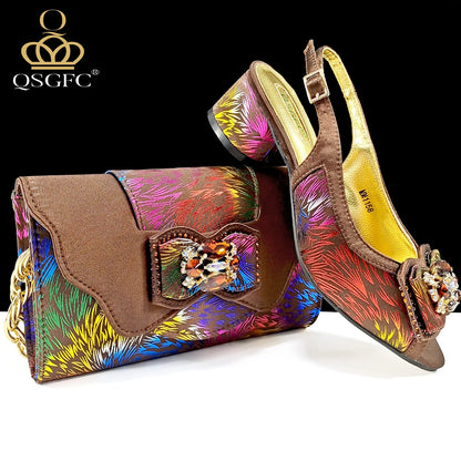 Italian Design Color Matching Rhinestone Comfortable High Heel Shoes And Bag Fashion Style Pointed-Toe Shoes For Women