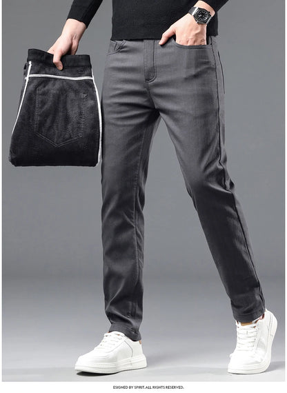 Winter New 2025 Fleece Pants Men's Thick Slim Elastic Business Casual Velvet Pants Warm Fashion Solid Color Plush Trousers Male