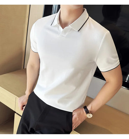 Business Casual Solid Color Men's Polo Shirt, 2024 Summer Classic, Men Short Sleeve V-neck T-shirt, Slim Fit Spliced Polo 4XL-M