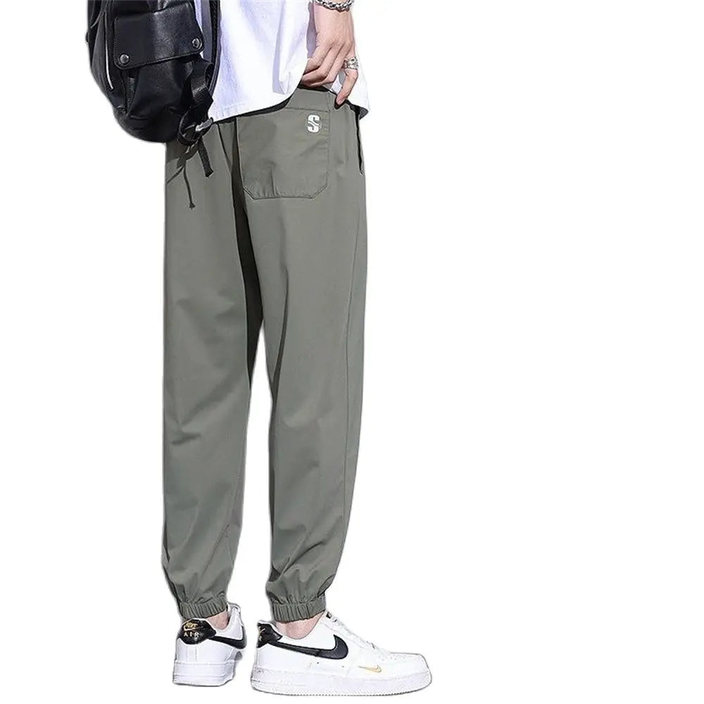 New Ice Silk Pants Men's Fashion Brand Loose Leg Tie Sports Quick Drie 2023 Summer Thin Breathable Cropped Casual Pants