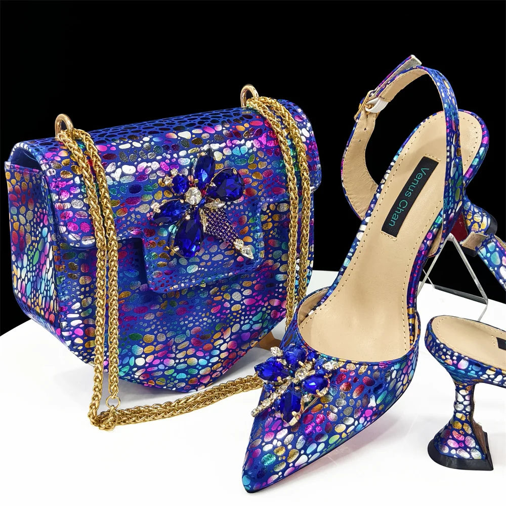 Italian Design Luxury Women's Shoes And Clutch Green Full Diamond Decoration Metal Closure Bag for Party