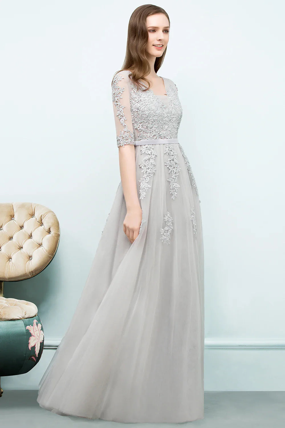 Elegant Half Sleeve Evening Dresses Lace Appliques A-Line Long Tulle Strap V-Neck Sheer Backless Prom Dress Empire Party Gowns