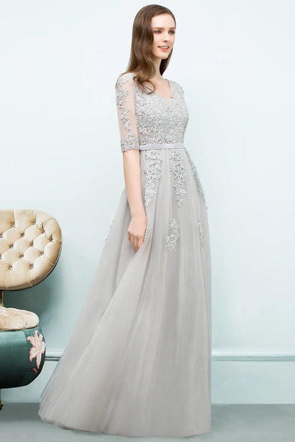 Elegant Half Sleeve Evening Dresses Lace Appliques A-Line Long Tulle Strap V-Neck Sheer Backless Prom Dress Empire Party Gowns