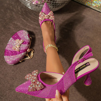 Ladies Shoes And Oval Bag High Heels And Purple Color Mini Bag
