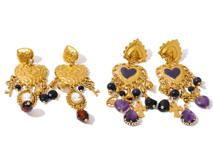 Vintage Stainless Steel Heart Cross Key Charm Pendant Drop Earrings Golden Plated Crystal Resin Stone Waterproof Jewelry