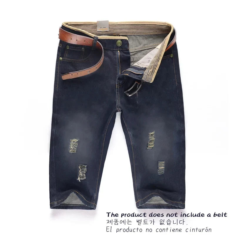 29-40 New Summer Men's Personalized Washable Perforated Denim Pants Large Casual Middle Pants