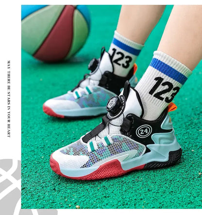 Boys Girls Quick Twist Lace Basketball Shoes Wear Resistant Comfortable Outdoor Athletic Footwear