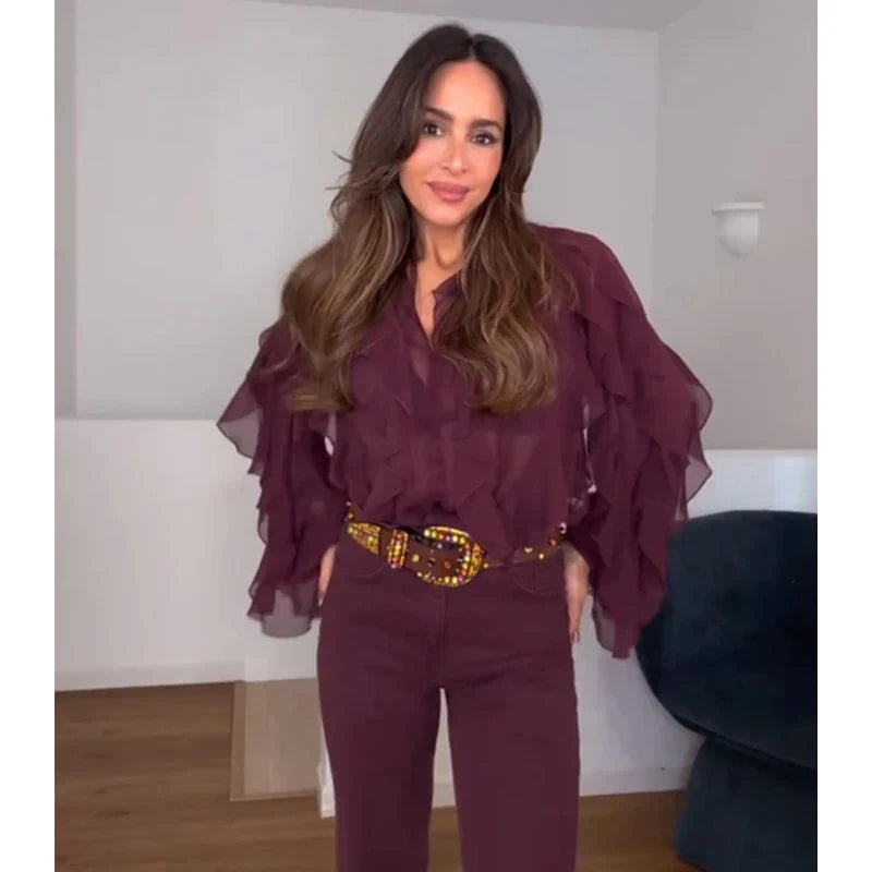 Ruffle Womens Blouses Semi Sheer Casual Blouses Woman Spring Fairy Shirts and Blouses for Lady Long Sleeve Tops Woman 2025