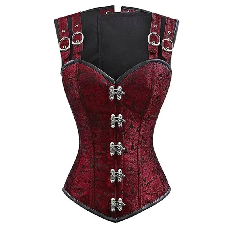 Women Corset with Shoulder Straps Overbust Bustier Plus Size Floral Jacquard Gothic Corset Top Steampunk Corset Vest