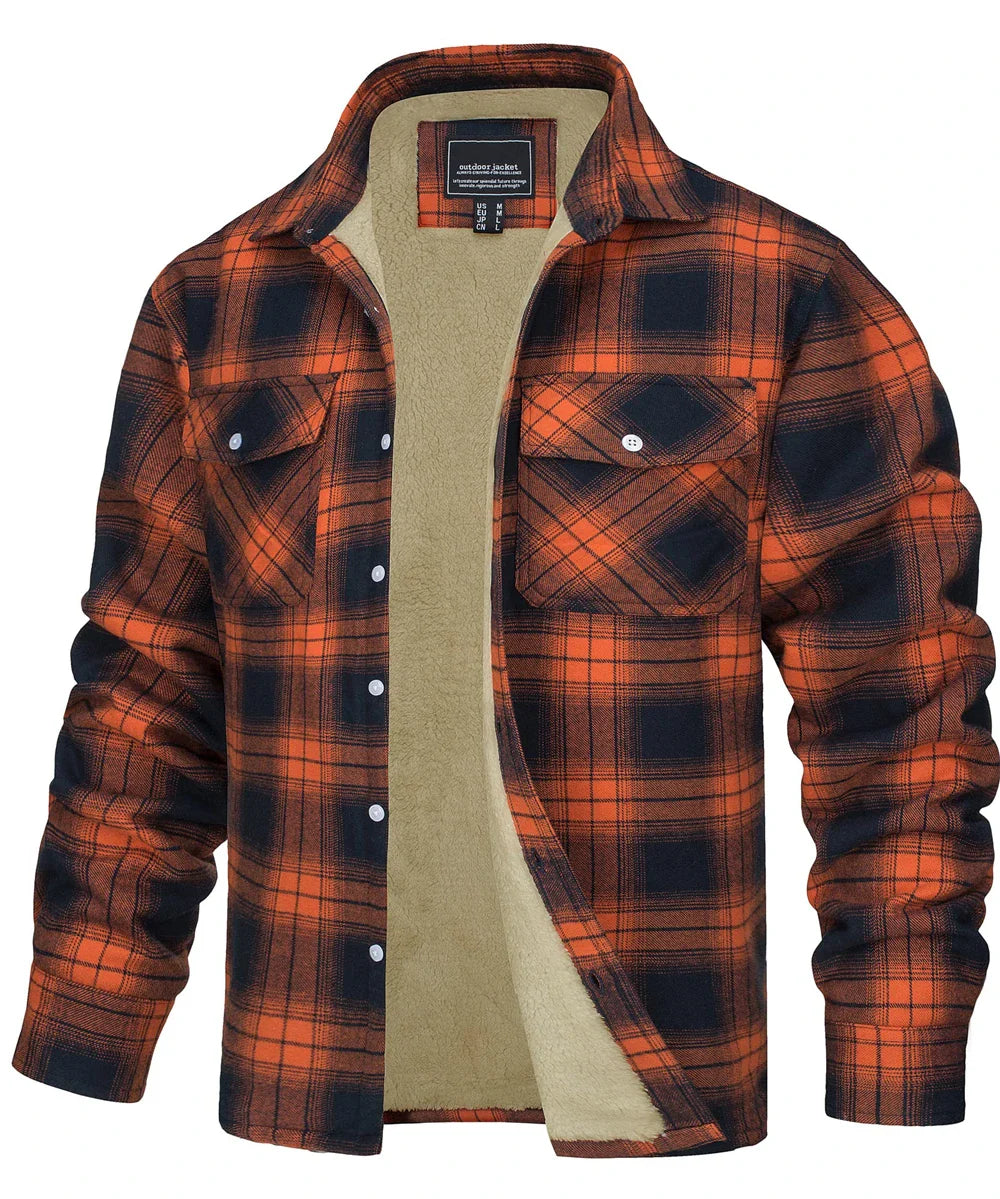 Fleece Lining Jackets Mens Flannel Cotton Jackets Plaid Casual Button Down Cargo Work Coats Thicken Outwear Man Tops
