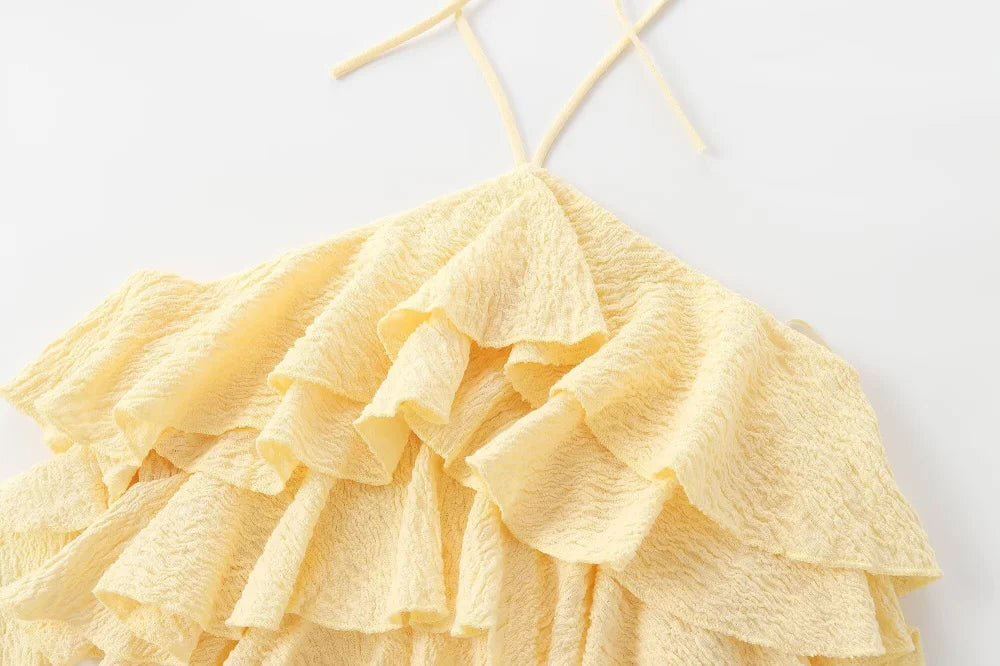 Textured halter crop top with ruffles Women's short yellow sleeveless top with sexy streamers for summer 2025 ETJ