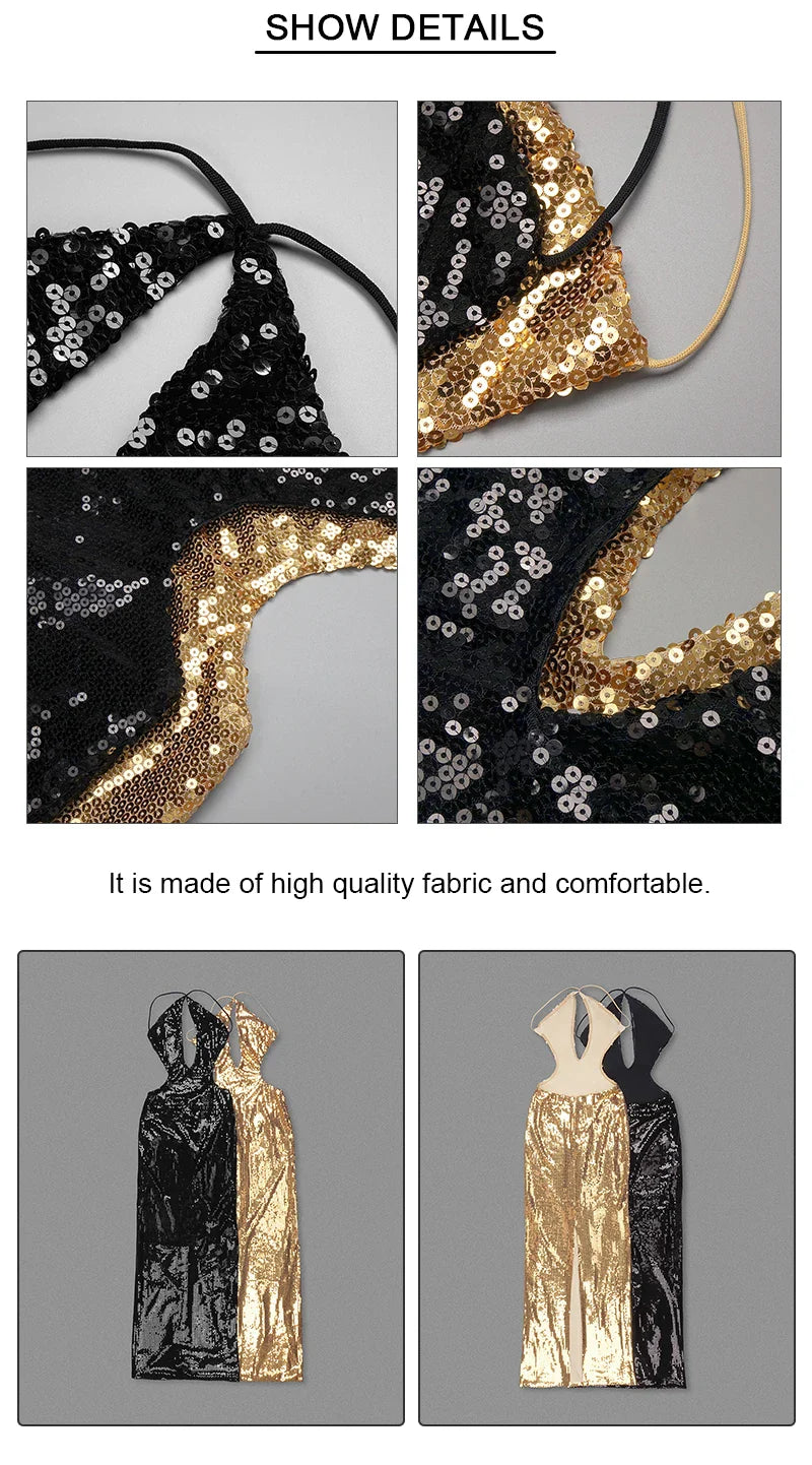Women'S Gold Sequins Luxury Party Gown Sexy Backless  Long Dress For Wedding Banquet Party Female Clothing