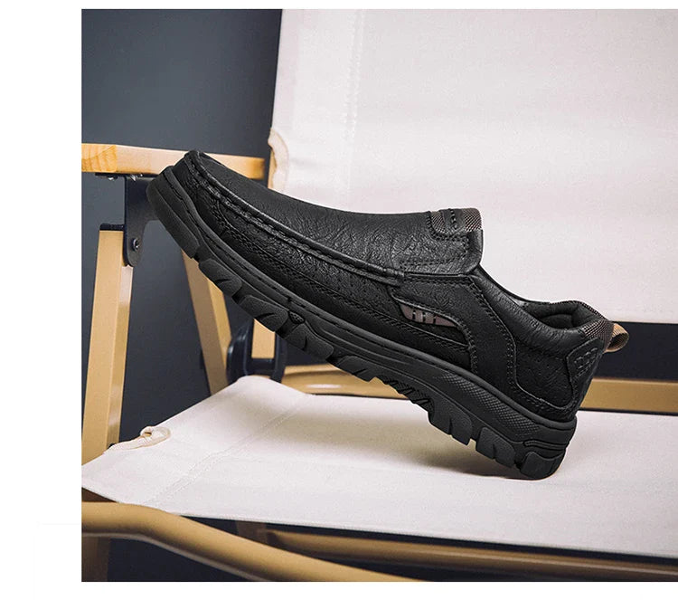 Men's Casual Loafers Handmade Breathable Leather Shoes with Thick Rubber Sole Comfortable Footwear Classic Hand Sewn Seams