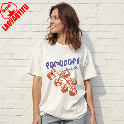 Vintage Italian Tomato Cotton Graphic Tshirt Summer Shirt Women Top Italy Vacation Aesthetic Tomato Girl Market Style