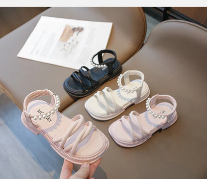 Girl Sandals Summer Children Princess Causal Pearl Beach Shoes Fashion Open-toe Kids Flat Sandals Solid Color Versatile Slip-on