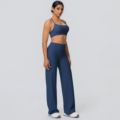 Women Gym Sports Yoga Suit Sexy Beautiful Back Yoga Underwear With Chest Pad Solid Color High Waisted Wide Leg Pants Yoga Set