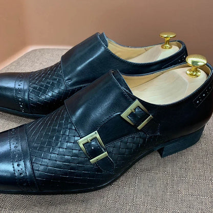 Classic Mens Dress Shoes Genuine Leather Double Buckle Monk Strap Cap Toe Blue Black Wedding Business Formal Suit Shoes for Men