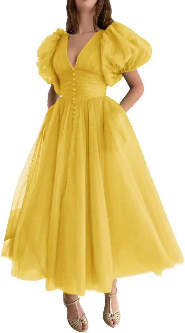 Puffy Sleeve Prom Dresses for Women Dotted Tulle V Neck Formal Evening Party Gowns Tea Length Formal Dress Women Elegant