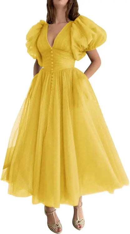 Puffy Sleeve Prom Dresses for Women Dotted Tulle V Neck Formal Evening Party Gowns Tea Length Formal Dress Women Elegant