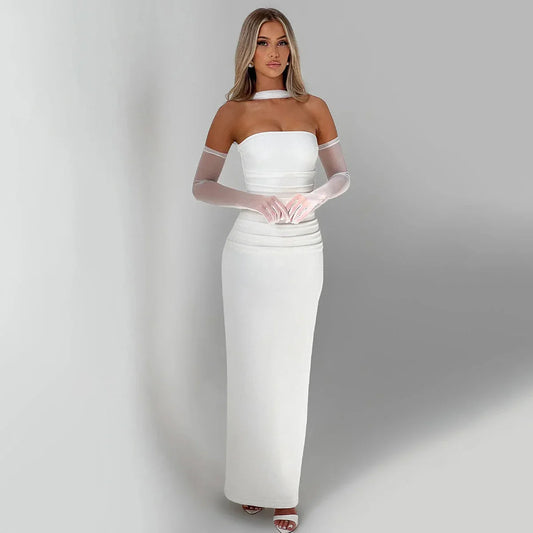 Elegant Scarf Strapless Solid Mesh Gloves Sexy Bodycon Maxi Prom Dress Women Fashion Y2K Outfits Wedding Party Birthday