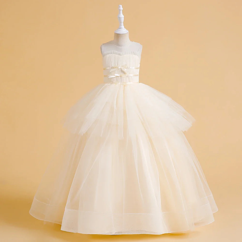Vestidos de Festa de Daminha Batismo de Verão Meninas Elegante Tule Vestido de Noiva Formatura Menina Laço Princesa Vestido de Aniversário Fantasia de Natal