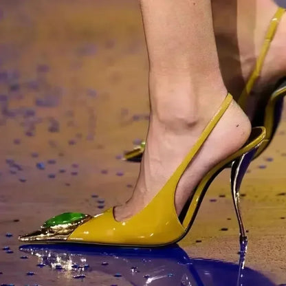 Luxury Metal Jewel Decoration Heels Women 2025 Sexy Pointed Toe Patent Leather Women Pumps Elegant Banquet High Heeled Sandals