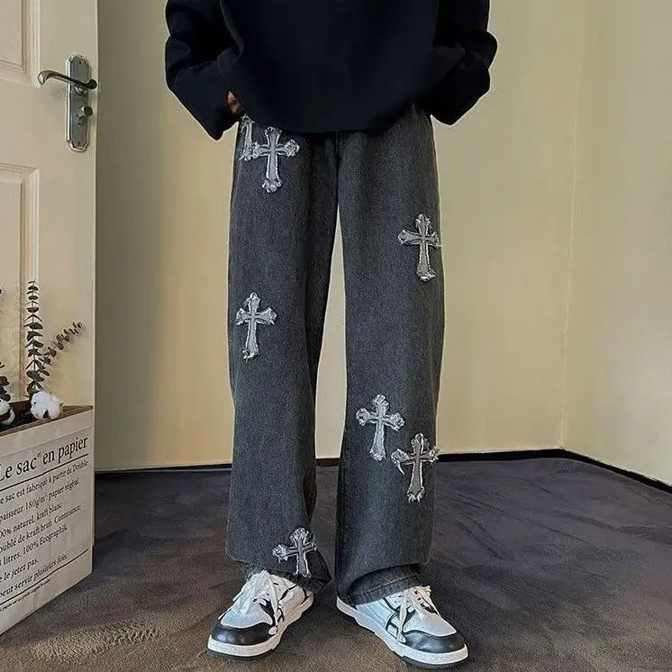 Vintage Men's Straight Jeans Cross Embroidery Casual Jeans Denim Loose Hip Hop Four Seasons Fashion Streetwear Pants Black Blue