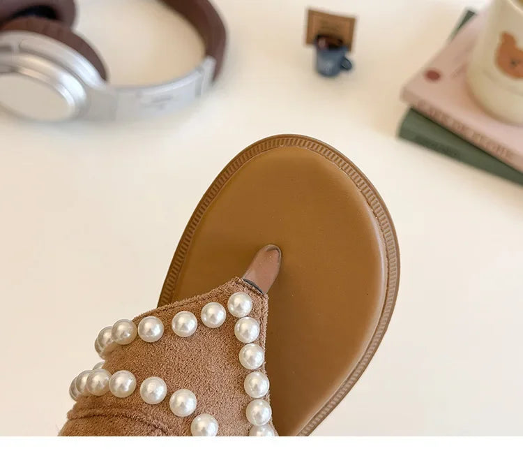 2025 Children High-top Sandals for Girls Summer New Fashion Korean Style Soft Sole Non-slip Versatile Pearl Roman Princess Shoes