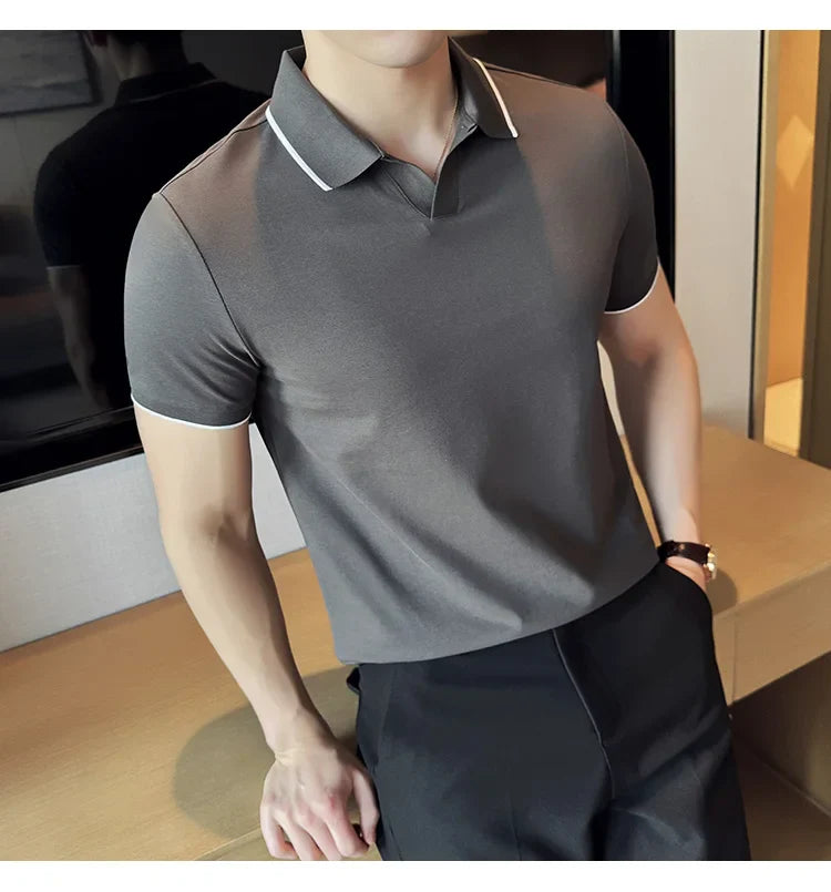 Business Casual Solid Color Men's Polo Shirt, 2024 Summer Classic, Men Short Sleeve V-neck T-shirt, Slim Fit Spliced Polo 4XL-M