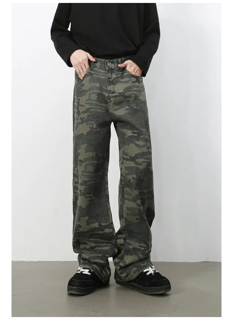 Tide Camouflage Jeans Men's Ins Loose Straight Wide Leg Casual Denim Pants Loose Male Trousers 12C2036