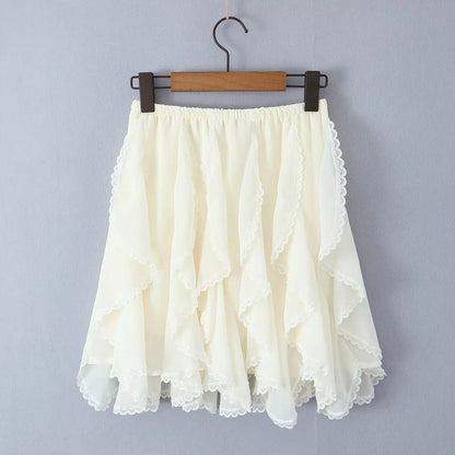 Kawaii Black Mini Skirts Women Summer 2025 Japanese Y2k Fashion Ruched Skirts Vintage Clothes Kawaii Ruffle Skirts Lace Trim