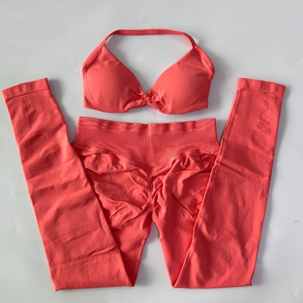 2 Pieces Set For Woman Strappy Yoga Bra Sports Top Workout Leggings Set Seamless Gym Set Fitness Clothes Outfit Activewear
