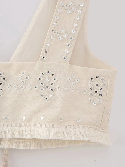 Y2K Embroidery Women Waistcoats Summer Lightweight V Neck Sleeveless Tassels Hem Slim Vest Female Crop Top