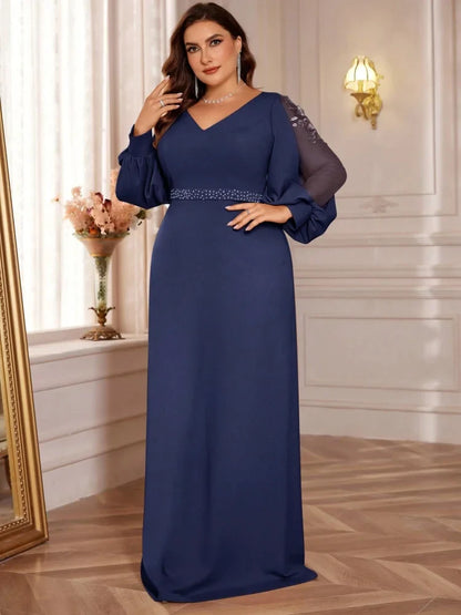 Plus Size Elegant Sequin Blue Evening Dress 2025 Women Formal Maxi Prom Long Sleeves Party Dress Luxury Cocktail Bridesmaid Gown