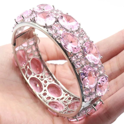 24x20mmEye Catching 51.2g Big Size Pink Kunzite Blue Aquamarine Violet Tanzanite Iolite Silver Bangle Bracelet 7.5inch
