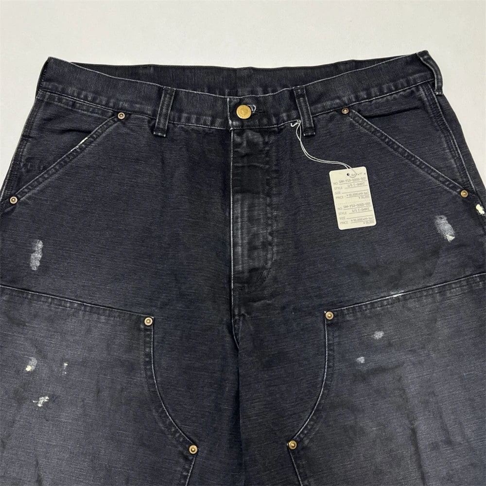 Black Nice Washed Damaged Saint DOUBLE KNEE Zipper Denim Shorts Men Women Oversized Shorts