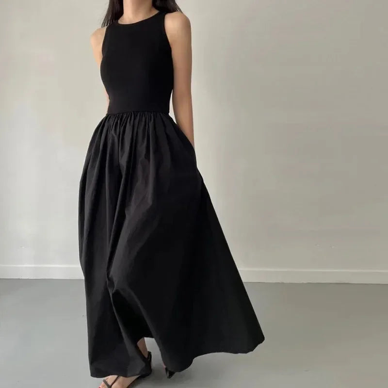 Simple Elegant Black Long Dresses For Women Round Neck Sleeveless High Waist Temperament Female Fashion Style Dress