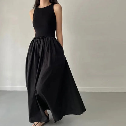 Simple Elegant Black Long Dresses For Women Round Neck Sleeveless High Waist Temperament Female Fashion Style Dress