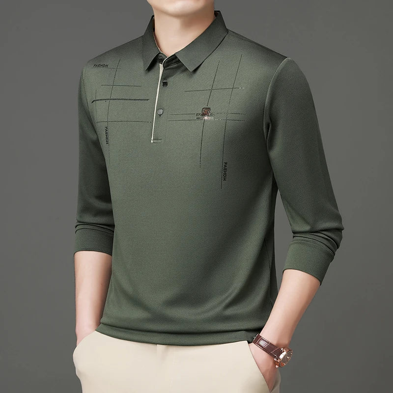 2025 Latest Autumn New Men's Long Sleeve Polo Shirt Middle Aged Business Comfortable Solid Color Men's Collar T-shirt