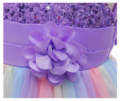 Vestido de princesa flor de lantejoulas para meninas 3-12 anos vestido de laço elegante colorido de renda de malha carnaval festa de aniversário apresentação
